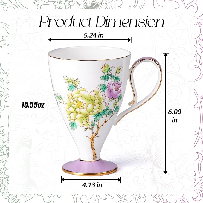 KAMMAK Bone China Coffee Mugs, 15oz Floral Tea Cups - Image 2