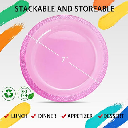 WELLIFE Neon Pink Party Plates 7 Inch -150 Count, Translucent Pink Plastic Disposable Dessert Plates for Fluorescent Neon Theme Party Salad Appetizers Valentine's Day Easter Baby Shower Mother's Day