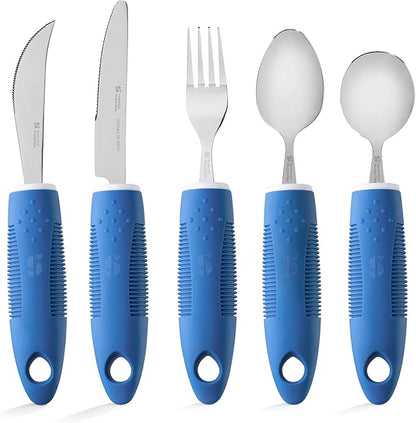 Special Supplies Adaptive Utensils (5-Piece Kitchen Set) Wide, Non-Weighted, Non-Slip Handles for Hand Tremors, Arthritis, Parkinson’s or Elderly Use - Stainless Steel Knives, Fork, Spoons - Blue