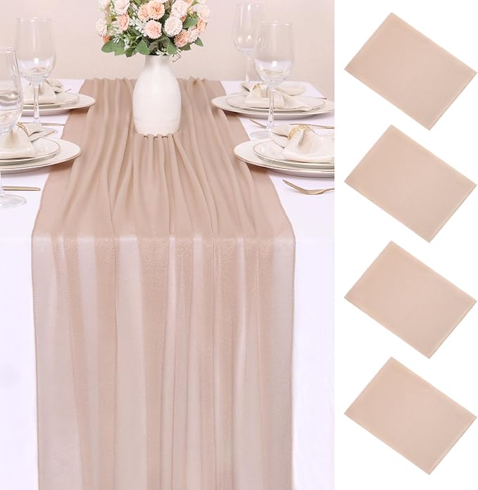 4 Pcs 10FT Champagne Chiffon Table Runners 30x120 Inches Sheer Tulle Boho Table by SAJOO