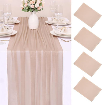 4 Pcs 10FT Champagne Chiffon Table Runners 30x120 Inches Sheer Tulle Boho Table by SAJOO