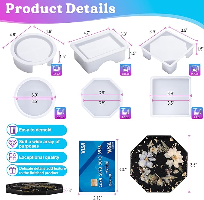 LET'S RESIN 18 Pcs Coaster Resin Molds Silicone, Coaster Molds | - Image 2