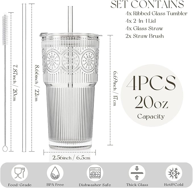 KEMORELA 20oz Ribbed&Floral Iced Coffee Cups - Image 2