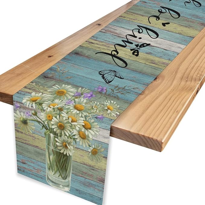 White Daisy Table Runner, Rustic Spring Sunflowers Floral Flower Vase Wooden - Image 4