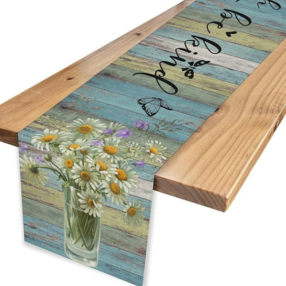 White Daisy Table Runner, Rustic Spring Sunflowers Floral Flower Vase Wooden - Image 4