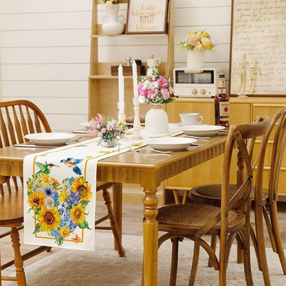 Summer Sunflowers Daisies Table Runner Birds Burlap Table Runners, Vibrant - Image 2