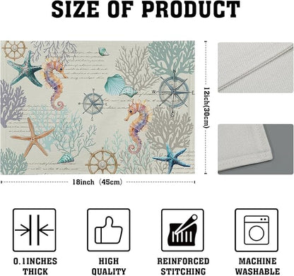 Nautical Placemats Set of 4 Starfish Sea Shell Beach Theme Ocean Coral Washable Non-Slip Heat Resistant 12×18 Inch Seasonal Summer Linen Fabric Table Mat for Party Kitchen Dining