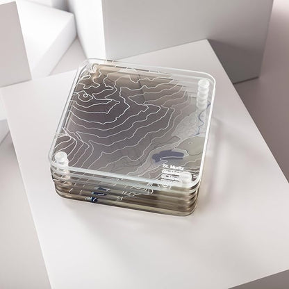 St. Moritz, Swiss 3D Contour Map Glass Drink Coasters of Mountains, Ski Resort, Set of 6 with Holder, Housewarming Birthday Gifts, Home Decor