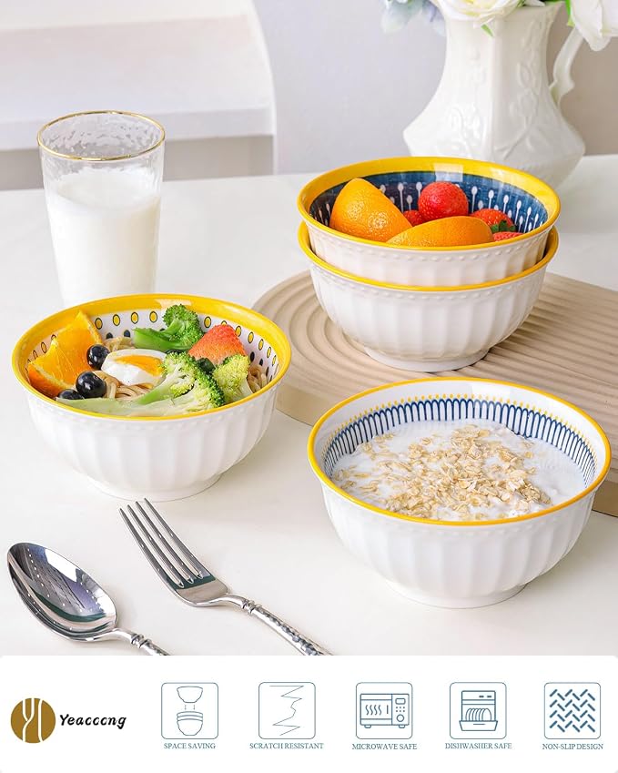 Yeacccng Bohemian Cereal Bowls Set of 4, 27 Oz Ribbed Exterior Ceramic Bowls - Image 3