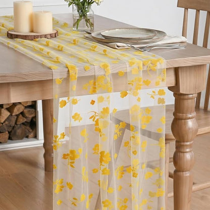 Artoid Mode White Gauze Flocking Yellow Flowers Table Runner 10FT, Spring Sheer by ArtoidMode
