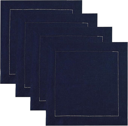 Solino Home Square Placemats Set of 4-100% Pure Linen Navy Blue Cloth Placemats 14 x 14 Inch - Classic Hemstitch, Machine Washable Place Mats for Winter, Easter