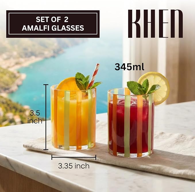 Capri Italian Design Cylindrical Tumblers, 2 Set Olive & Orange Summer Glasses - Image 2