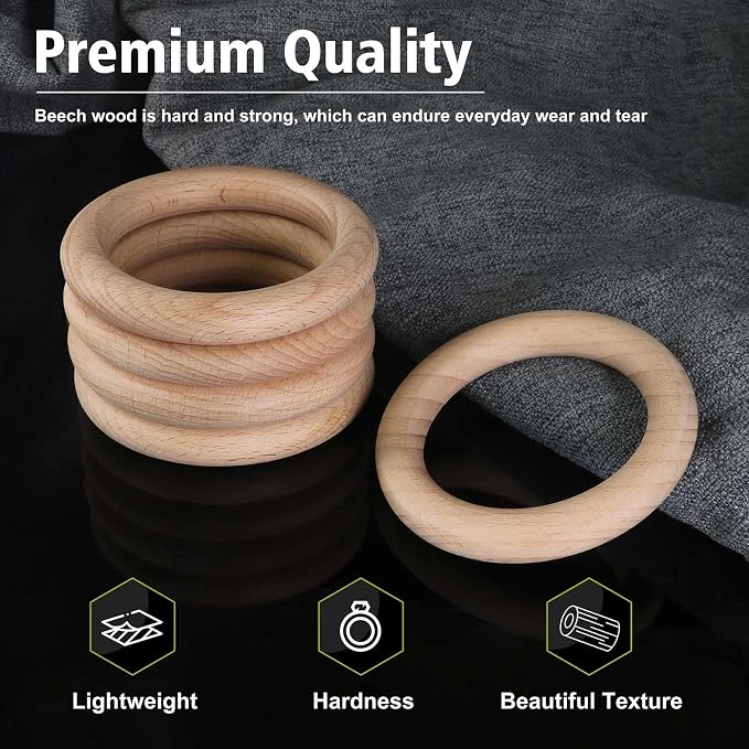 FoDau770 10pcs Natural Beech Wooden Rings, Unfinished Solid Wood Rings Heavy - Image 3