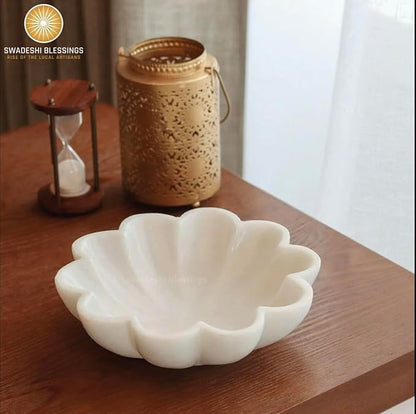 SWADESHI BLESSINGS HandCrafted Marble Decorative Bowl | White Ruffle Scalloped Fluted Key/Fruit Ring Dish | Organic Modern Home Decor (9 Inches)