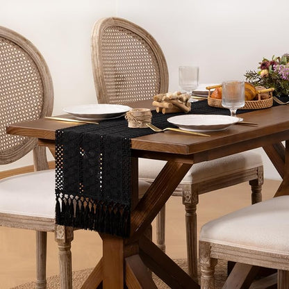DeZerlor Black Boho Macrame Farmhouse Woven Table Runner 72Inch | Cotton Linen - Image 3
