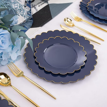 LIYH 60 Pcs Navy Blue Plastic Scalloped Plates with Gold Rim, Dark Blue Disposable Plates for Party Included 30 Dinner Plate 10.25 Inch,30 Dessert Plate 7.5 Inch Elegant Dishes Tableware