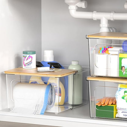 Trash Bag Dispenser Holder, 2-in-1 Under Sink Organizer with Clear Acrylic Box & Bamboo Lid, Holds Large Rolls up to 100 Count, Garbage Bags Storage Container for Kitchen, Pantry, Laundry Room