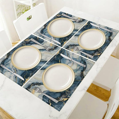 Marble Linen Placemats Set of 2, Modern Abstract Foil Stone Texture Gold Navy Blue Marble Washable Place Mats, Non Slip Placemat for Home Party Dining Tables Wedding Kitchen Banquets Decor 12x17 Inch