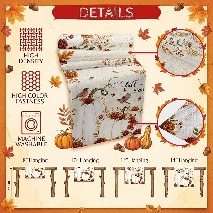 White Pumpkins Fall Table Runner 72 Inches Long, Thanksgiving Harvest Table - Image 5