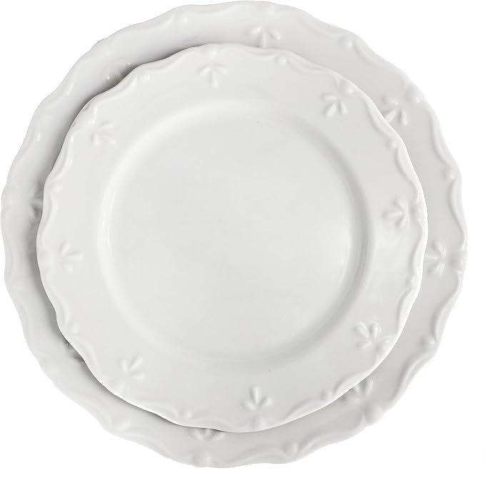 Elama Henryi 16 Piece Embossed Rim Detail Porcelain White Dinnerware Set - Image 2