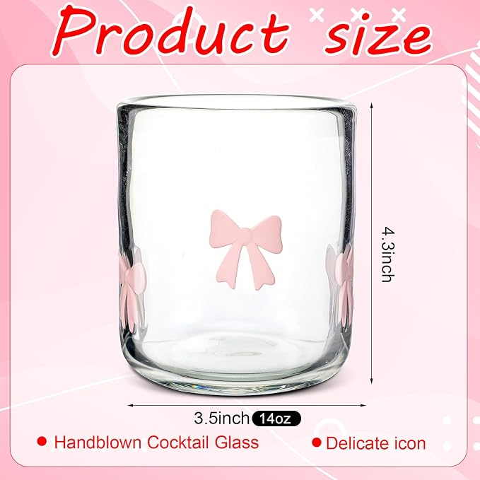 Skylety 2 Pack Coquette Pink Bow Icon Juice Glasses 14 oz Cute Glass Cups - Image 2