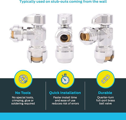 SharkBite 1/2 x 1/4 Inch (3/8 Inch OD) Compression Angle Stop Valve, Quarter Turn, Push to Connect Brass Plumbing Fitting, PEX Pipe, Copper, CPVC, PE-RT, HDPE, 23048-0000LF
