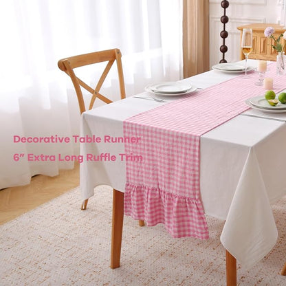 Pink White Plaid Gingham Ruffle Table Runner 120 inches Long Christmas 100% - Image 3