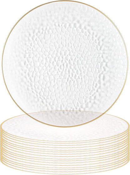 PARTY BARGAINS 13-Inch Charger Plates - 16 Pack, Hammered Clear Gold Rim, Heavy-Duty Disposable Chargers for Elegant Dining - Ideal for Weddings and Formal Events