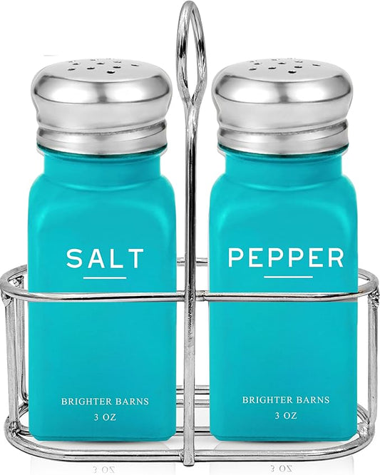 Teal Salt and Pepper Shakers Set with Holder by Brighter Barns - Turquoise Kitchen Decor, Modern Kitchen Essentials, Dining Table Decor - Salt Shaker with Caddy for Dining Room, Restaurants (Teal)