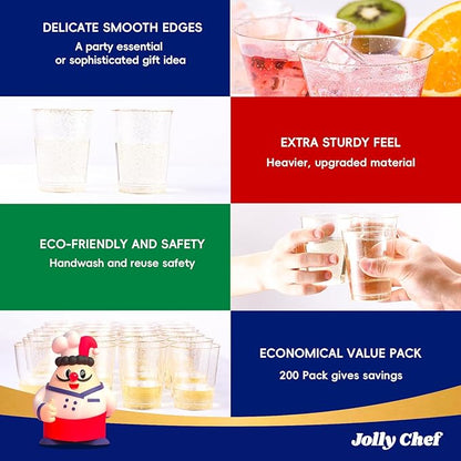 JOLLY CHEF 14 oz 200 Pack Gold Plastic Cups, Gold Glitter Heavy-Duty Disposable Cups Party Cups Tumblers, Ideal for Thanksgiving Wedding & Party