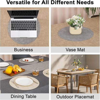 Myir JUN Reversible Vinyl Round Placemats Set of 4, Faux Leather Place Mats Dual Sided Waterproof Wipeable, Heat-Resistant Table Mats for Kitchen Dining Indoor Outdoor (14", Light Gray Cream-White)