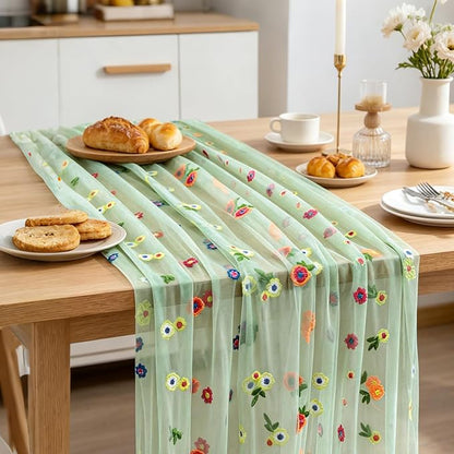 BINBE 3pcs Daisy Spring Table Runner Embroidery Gauze 10FT Florals Seasonal - Image 5