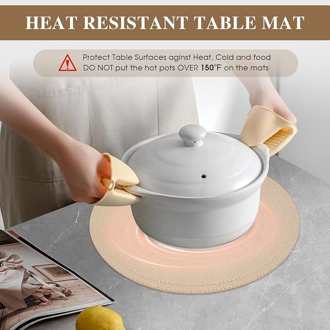 Set of 8 Faux Leather Gold Round Placemats and Coasters, Coffee Mats Kitchen - Image 3