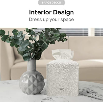 Carrotez Tissue Box Cover, Refined Modern PU Leather Square Holder - Decorative Holder/Organizer for Bathroom Vanity Countertop, Night Stands, Office Desk & Car 5"X5"X5" White