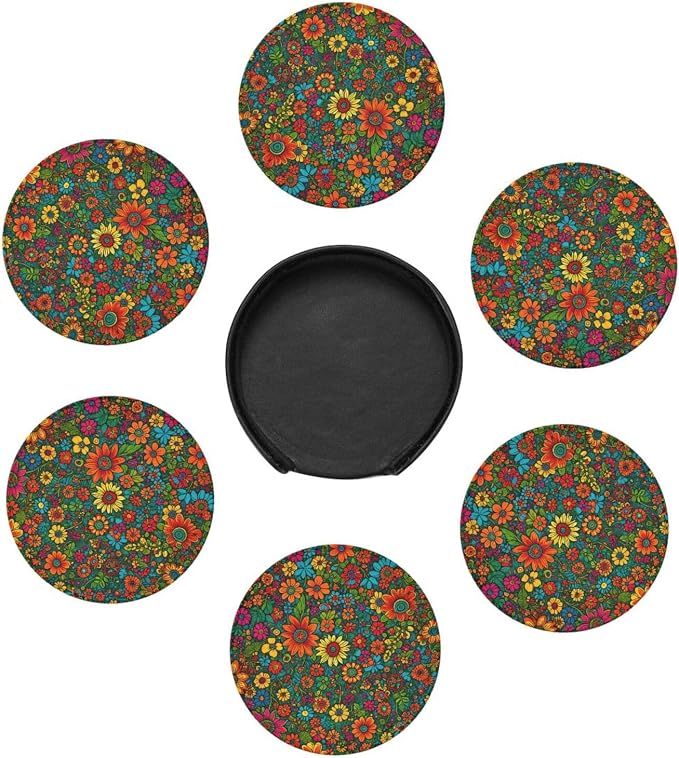 Drink Coasters with Holder Stand Set of 6, Colorful Flower Floral Print Pu - Image 5