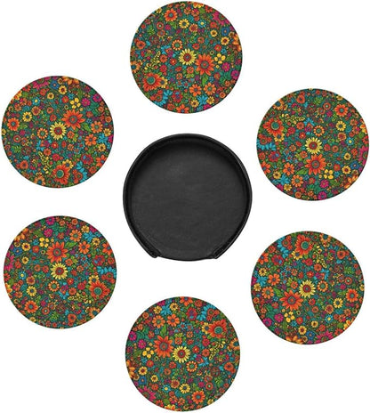 Drink Coasters with Holder Stand Set of 6, Colorful Flower Floral Print Pu - Image 5