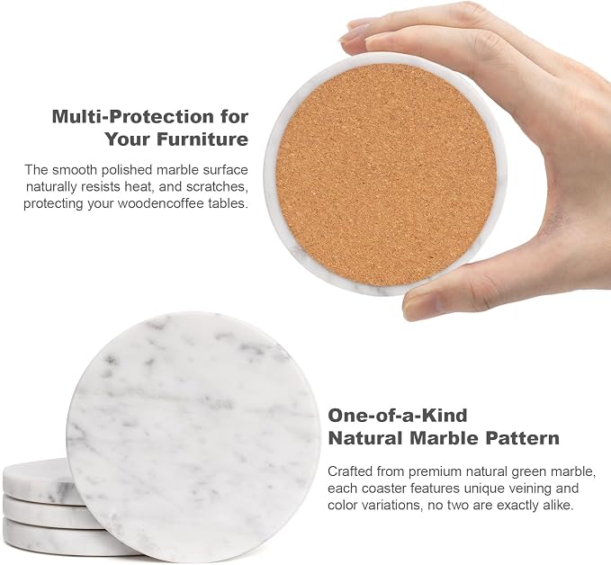 Set of 4 White Drink Coasters, 4-Inch Exquisite Marble Stone Coasters, Natural - Image 7