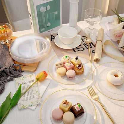 Rubtlamp 200Pcs Clear Gold Dessert Plates With Plastic Gold Forks, 100pcs 7.5inch Plates For Appetizers,100pcs 7.8inch Premium Forks Disposable, Cake Platos Disposable for Wedding