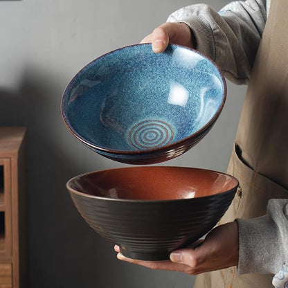 Ceramic Japanese Style Ramen Bowl Set with Chopsticks,8 inch 40 oz Pho Bowls & Asian Soup Bowl and Spoons Set for Udon Noodle,Soba,Miso Soup,Set of 2 (blue)