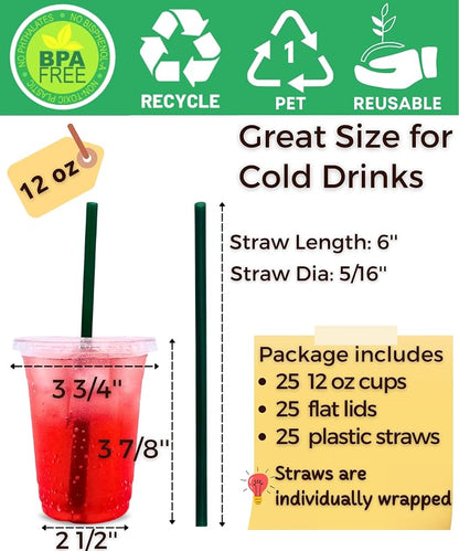 12 oz Clear Plastic Cups with Lids and Straws, Disposable Coffee Cups 25 Sets - Image 2