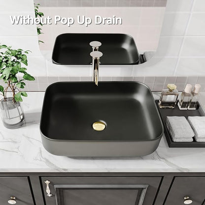 ELLAI Bathroom Vessel Sink Rectangle Above Counter Porcelain Ceramic Top Mount Rectanglar Countertop Sink for Bathroom 19.7"x15.2"x5.4" Matte Black