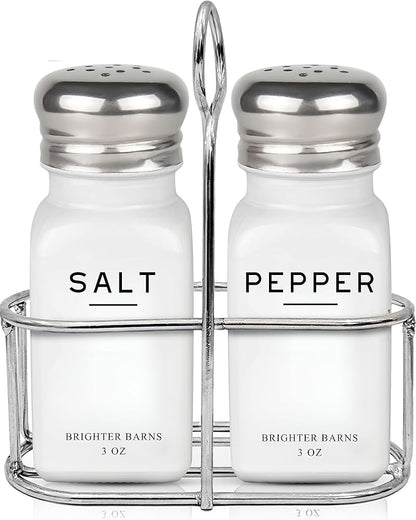 White Salt and Pepper Shakers Set with Holder by Brighter Barns - Neutral Minimalist Glass Salt Shaker with Caddy - Dining Table Decor, Modern Kitchen Accessories for Restaurant, Hotel, Airbnb (White)