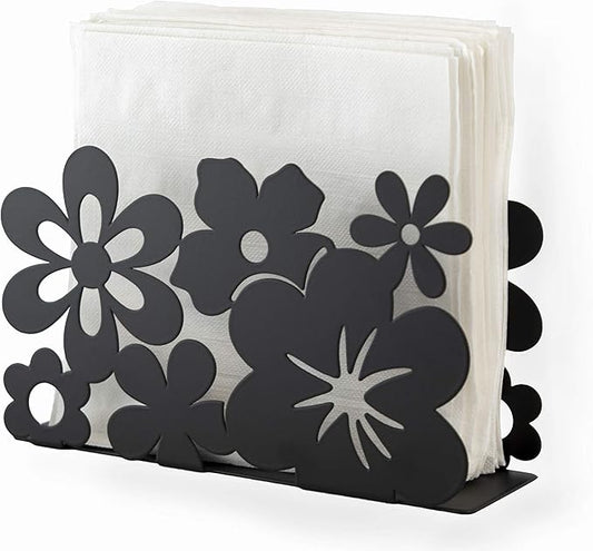 Mango Steam Tabletop Napkin/Tissue & Letter Holder For Home, Kitchen, Restaurants (Flower, Black)