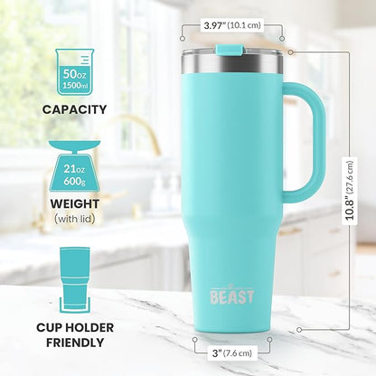 Beast 50 oz Tumbler with Handle Stainless Steel Vacuum Insulated Coffee Ice Cup Double Wall Travel Flask (Aqua Blue)