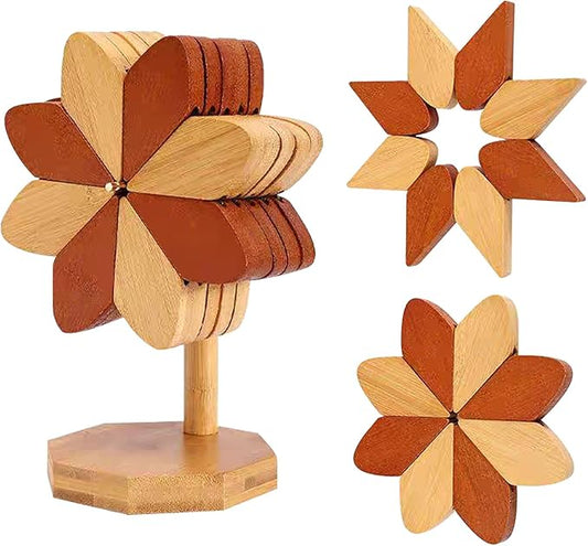 Wooden Placemats - Tree Washer Set, Wooden Pinwheel Coaster Set with Stand for Easy Storage - for Fondue pots, Pans, Bowls, teapots, Warming Trays - Versatile Decorations (Windmill placemats 5 pcs)