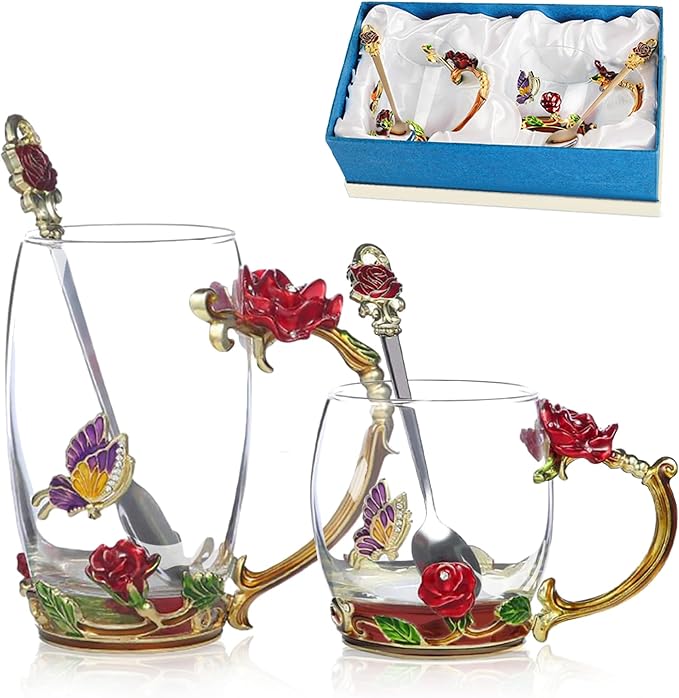 Glass Fancy Tea Cup Set Birthday Christmas Valentine's Day Gift Idea by DUMVOIN