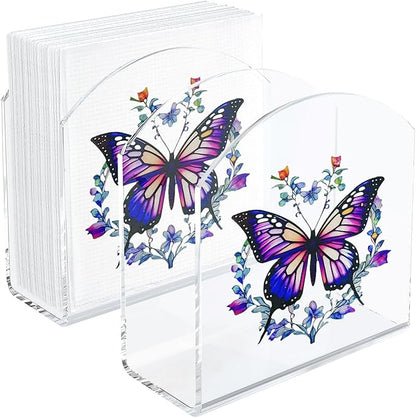 Butterfly Decor Napkin Holder for Table, 2 Pack 5"x5" Spring Paper Holder for Kitchen, Party, Dining Restaurant, Bar Summer Rustic Cocktail Paper Napkin Dispenser for Table Decoration Gift
