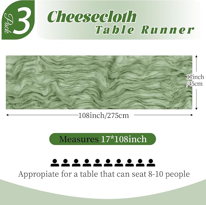3 Pack Sage Green Cheesecloth Table Runner, 17 x 108 Inch, Gauze Cheese Cloth - Image 2