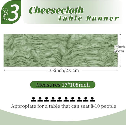 3 Pack Sage Green Cheesecloth Table Runner, 17 x 108 Inch, Gauze Cheese Cloth - Image 2