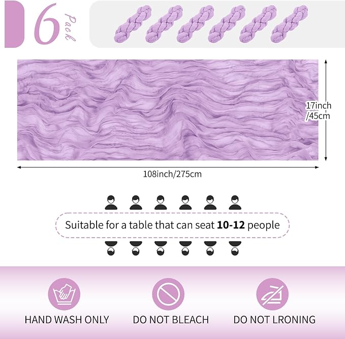 6 Pack Lavender Cheesecloth Table Runner 17x108 Inch Semi Sheer Boho Gauze - Image 2